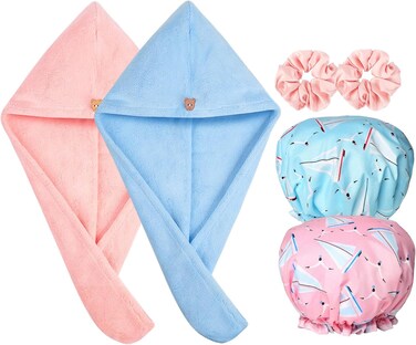 Hair Care &amp; Accessories: 2PCS Microfiber Hair Towel Wrap, Super Absorbent for Women Curly Long Hair Drying; 2PCS Shower Cap Reusable Waterproof, Dual Layer; 8PCS Satin Scrunchies &amp; Hair Ties