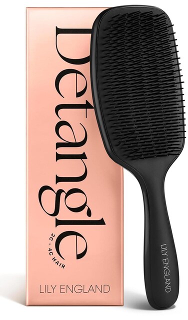 Lily England Curly Hair Brush - Pain-Free Detangling &amp; Styling Brush With Flexible Bristles for Wet &amp; Dry Hair - Easy to Hold for 3c to 4c Hair, Black