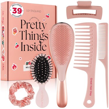 6 Pcs Hair Brush Set with Brush &amp; Combs - Detangling Brush for All Hair Types with Wide Tooth &amp; Tail Comb, Scrunchie &amp; Claw Clip - Hair Care Gift Set with Stickers for Teen Girls, Women &amp; Kids