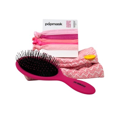 Popband 'Love Your Hair' Ultimate Hair Set with Detangling Hair Brush, Set of 5 No-Dent Hair Ties, &amp; Chevron Spa Turban - Great for Wet or Dry Hair! (Pink)