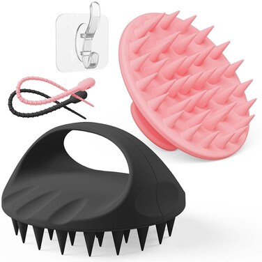 ManmiHealth Large Hair Scalp Scrubber, One-piece Silicone Scalp Massager for Wet Dry, Long Bristles Shampoo Brush for Dandruff Removal and Hair Growth with Free Strap&amp;Hook.(Pink+Black)