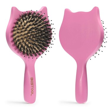 Hair Brush, BESTOOL Small Travel Hair Brushes for Women, Men or Kids, Wooden Toddler Boar Bristle Hair Brush for Detangling, Defrizz, Distribute Oil (Pink)