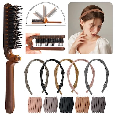 Aozzy 6Pcs Travel Brush Boar Bristle Brush Folding Hair Brush with Retractable Pocket Hair Band for Thin/Thick Hair, Mini Hair Brush for Women Any Hairstyle, Men's Hair/Beard, Great for Purse/Pocket