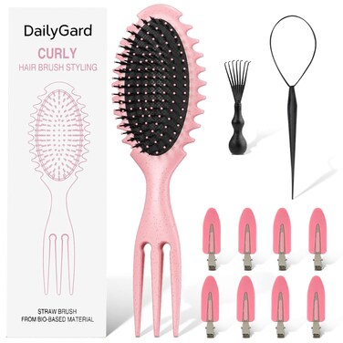 Curl Defining Hair Brush, Wet Hair Brush for Women and Men, Detangler Hairbrush for Wet &amp; Dry Hair, Styling Brush for Curly Hair, Shaping and Defining Curls for Long/Wavy/Damaged Hair, Pink
