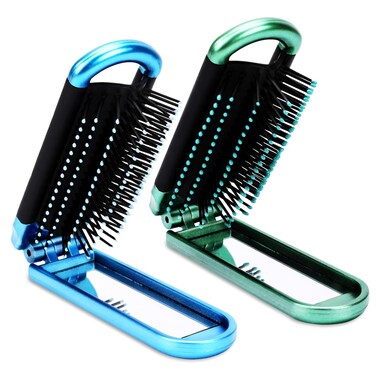 Mini Folding Compact Hair Brush with Mirror for Women and Girls, Massage and Pocket Comb for Travel, Gym, Purse, Swimming (Blue &amp; Green)