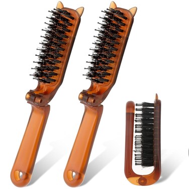Foldable Slick Back Hair Brush, 2 Pack Mini Travel Hair Brush Small Portable Pocket Hairbrush Natural Boar Bristle Hair Brushes for Women Wet, Dry Hair, Curly, Detangle, Ideal for Purse, Gym, Swimming