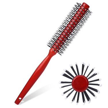 Small Round Blow Drying and Curling Brush with Ball Tip, Nylon Bristles and Wood Handle - Suitable for Short Hair, Thin Hair, Bangs, Lifting and Beard Styling