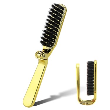 Foldable Boar Bristle Hair Brush, Small Folding Hairbrush Collapsable Mini Travel Hair Brush Anti-Static Range Hair Brush for Women, Portable Pocket Comb Hair Styling Tool,Beard Brush for Men (Gold)