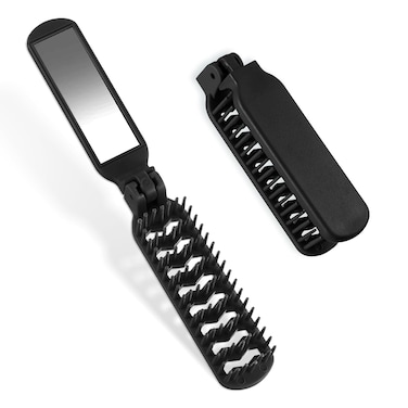 Mini Hair Brush, Travel Folding Hair Brush with Mirror Portable Small Vented Hair Brush Black Pocket Comb for Thick Curly Hair Blow Drying, Smoothing, Detangling, Mini Hairbrush for Women and Men