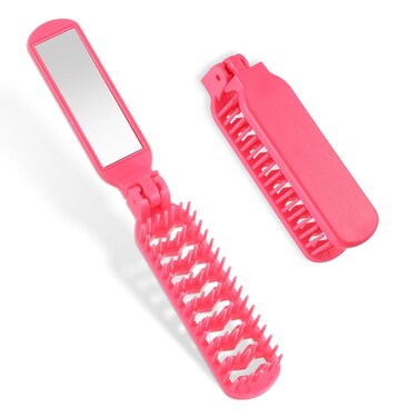 Travel Hair Brush for Women, Small Folding Hair Brush with Mirror Portable Mini Vented Hair Brush Pocket Comb for Thick Thin Curly Straight Wet Dry Hair Blow Drying, Smoothing, Detangling