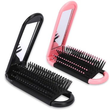 Folding Travel Hair Brush with Mirror, Massage Comb, and Styling Tool - Compact 2 Pack (Black &amp; Pink)