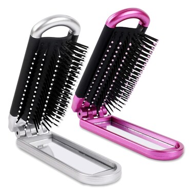 Sliverdew Travel Hair Brush, 2 Pieces, Folding Hair Brush with Mirror, Compact Hair Comb, Portable, Collapsible Pocket Brush, Small, for Women, Silver &amp; Purple