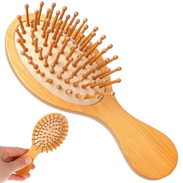 Mini Bamboo Brush for Hair Growth, Natural Wooden Massager Brush with Handle Design and Anti-Static Round Wood Pins for Scalp and Hair Detangling