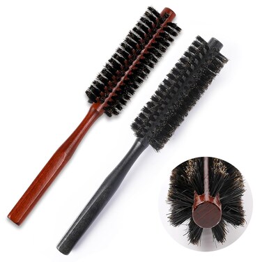 Small Rond 2 Pack Natural Boar Bristle Hairbrush - Mini Travel Brush with Wood Handle, Portable Circle Vent Brush for Women's Bangs, Thin, Short, Wet Hair, Restore Hair Shine