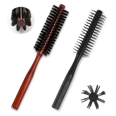 Boar Bristle and Nylon Curling Brush, Travel Hair Brush for Blow Drying, with Wood Handle - Roller Hairbrush for Women, Beard Brush for Men (Black &amp; Red)