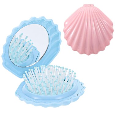 2 Pcs Shell Shape Foldable Mini Brush for Hair,Travel Size Hair Brush with Mirror,Conch Folding Hair Brush,Portable Compact Hair Brush for Women and Purse Must Haves (Blue Pink)