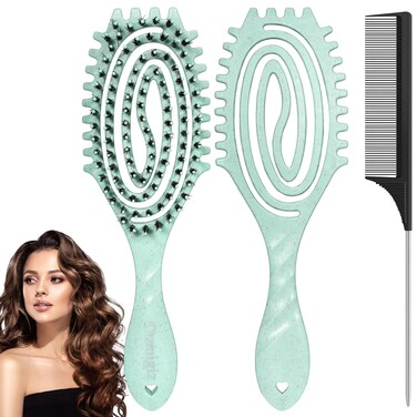 Curl Defining Brush, Boar Bristle Detangling Hair Brush for Women Girls Thick Curly Wavy Hair Wet Dry Use, Fast Blow Drying Vented Styling Hairbrush, Smoothing Hair No Tangle (Turquoise)