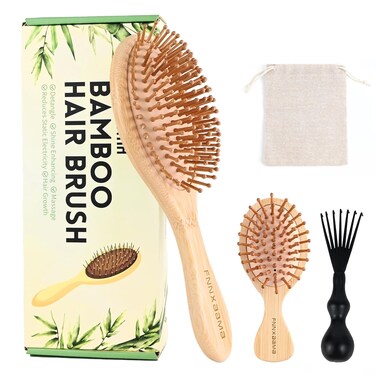 Bamboo Brush Set, Thick Strong Bamboo Hair Brush, Bamboo Brush for Hair Growth,Hair brush for massaging the scalp，Hair Brush Cleaner Tool, Suitable for Women Men and Children (light yellow)
