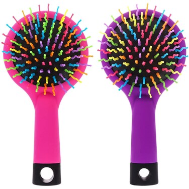 Pack of 2 Rainbow Volume Brushes Detangling Hair Brushes Hair Curl Straight Magic Combs with Mirror (Pink &amp; Purple)
