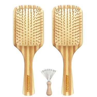 Bamboo Hair Brush with Cleaner Tool for Women Men Thick Curly Hair, Bamboo Bristle Large Wood Paddle Detangling Brush Helps Hair Growth, Enhance Shine &amp; Health, Massaging Scalp - 2 Pack