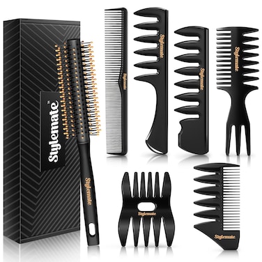 Men's Hair Styling Combs and Brush Set - Roller Brush for Adding Volume, Pompadour, Slicked-back, Fauxhawk, Undercut Styling Combs