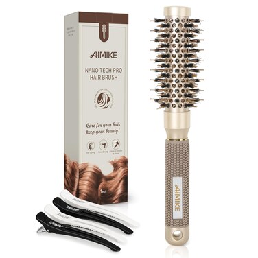 AIMIKE Round Hair Brush, 1 inch Barrel with Boar Bristles, Nano Thermal Ceramic &amp; Ionic Tech, for Blow Drying, Styling, Curling and Shine + 4 Clips (Gold, Unisex, Fine Hair, Short Hair, Anti-Frizz)