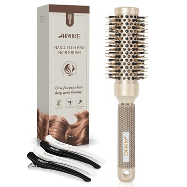 AIMIKE Round Brush, 1.3 Inch Barrel, Nano Thermal Ceramic &amp; Ionic Tech, Boar Bristles, for Blow Drying, Styling, Curling and Shine, Gold + 4 Clips