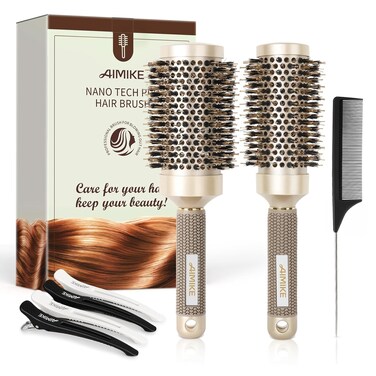 AIMIKE Hair Brush Set, Nano Thermal Ceramic &amp; Ionic Tech Round Barrel Brush with Boar Bristles for Blow Drying, Enhance Texture for Styling, Curling and Shine, Includes 1 Tail Comb + 4 Hair Clips