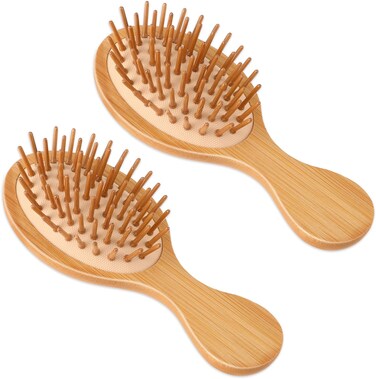 Wooden Hair Brush, 2 Pcs Mini Natural Bamboo Hair Brush for Hair Growth Portable Travel Detangling Hair Brush Scalp Massager Brush for Women Men All Hair Types Thick Thin Curly Straight Wet Dry Hair