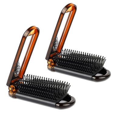 Compact Folding Hair Brush with Mirror, 2-Pack Portable Travel Comb and Mini Hair Brush Set for Women, Gym, Trips, Purse, and Swimming
