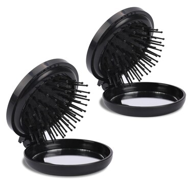 Travel Folding Hair Brush, 2 Pack Round Mini Brush with Mirror, Compact Massage Comb, Portable Styling Tools for Women (Black)