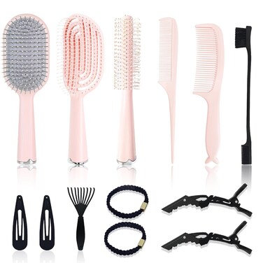 13pcs Hair Brush Set With Rat Tail Comb Fish Handle Wide Comb Detangling Hairbrush Women Chirstmas Gifts Salon Hair Styling Tool Partner At Home Straight And Smooth Paddle Brushes Pink