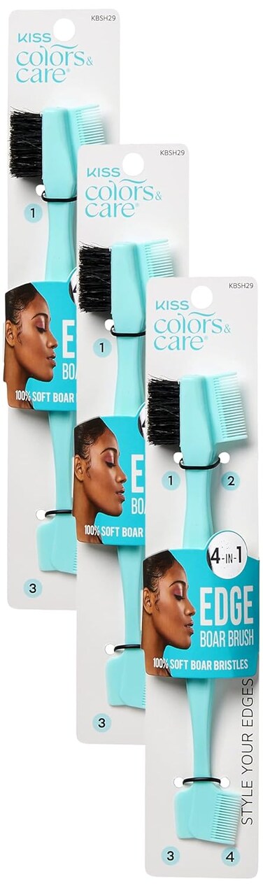KISS Colors &amp; Care 4-In-1 Brush - Wide &amp; Narrow Combs Smooth Baby Hair, Spatula Helps With Application, 100% Natural Bristles Tame Flyaways (Pack of 3)
