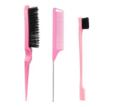 Pink,Set 3 Pcs. slick back hair brush with Edge Brush, styling comb for kids for middle part，Rat Tail Comb, Teasing Brush Set for Smoothing brush Baby Hair