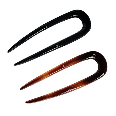 Parcelona French Paris Set of 2 Tortoise Shell Brown Black Celluloid Chignon Bun Hair Updo U Sticks Pins for Bun