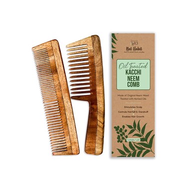 Back To Natural Secrets Everyday Kacchi Neem Comb, Wooden Comb, Hair Growth, Comb For Men, Women, Treated With Neem Oil, (Wide + Dual Combo) 18-20Cm Length Brown