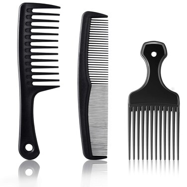 Patelai 3 Pieces Wide-Tooth Comb Detangling Shower Comb Set, Carbon Fiber Pick Barber Brush Tool for Beard, Long, Thick, Curly Afro Hair