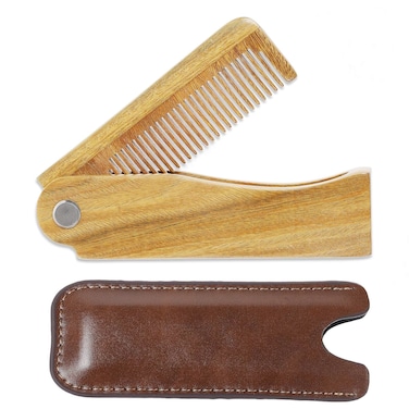 Onedor Handmade 100% Natural Green Sandalwood Fine Tooth Wooden Comb for Men Hair, Beard, and Mustache Styling Pocket Comb With Leather Case (Folding)
