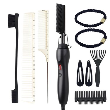 Hot Comb Electric Flat Iron Women Christmas Gifts Peine Para Planchar Cabello Wig Combs For Black Hair Styling Set Includes Rat Tail Comb Wide-Teeth and Fine-Teeth Comb Edge Comb Hair Clips Hair Ties