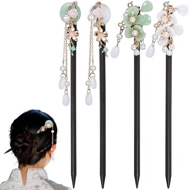 Healeved 4 PCS Chinese Hair Sticks Chinese Traditional Flower Hair Sticks Hair Chopsticks for Women Vintage Tassel Hair Pin Chinese Style Hairpin Wooden Hair Sticks for Thick Hair