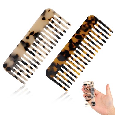 Mini Cellulose Wide Tooth Comb,2 Pack Portable Hair Detangling Comb Small Leopard Purse Comb No Handle Pocket Size Tortoise Hair Comb for Thick Curly Wavy Wet and Dry Hair