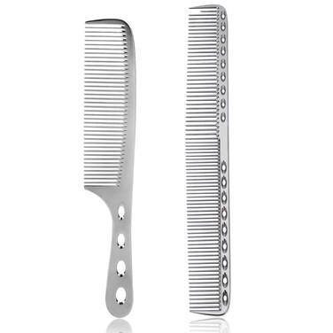 Metal Hair Comb, 2 Pcs Space Aluminum Styling Comb Set Professional Flat Iron Fine Tooth Comb Alloy Metal Hair Cutting Comb Anti-static Hairdressing Comb Parting Comb for Women Men Barber Supplies