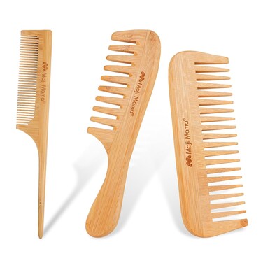 Natural Bamboo Comb Set Anti-Static Fine Wide Tooth Wooden Comb For Detangling Styling Thick Thin Straight Hair For Men or Women,Rat Tail Comb For Teasing Strands &amp; Post Styling,3PCS