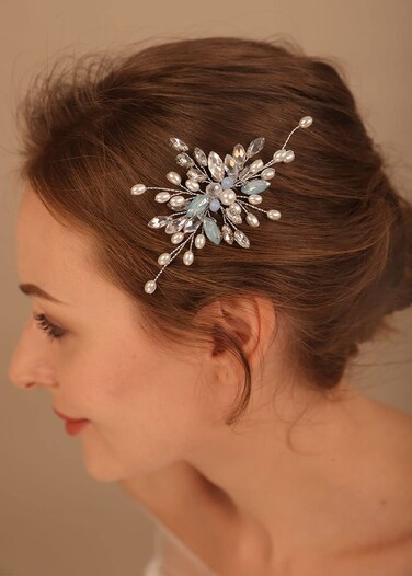 Denifery Bride Wedding Hair Combs Silver Crystal Sapphire Blue Hair Comb Beaded Headpieces Pearl Hair Accessories Jewelry for Women and Girls (Sapphire Blue)