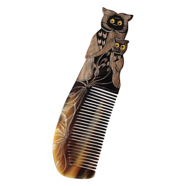 Symbol of LUCK &amp; Knowledge, Natural Buffalo Horn Comb, Ox Horn Comb Anti-Static, Luxury Double Pigeon, Buffalo Horn Hair Comb for Anti Static Massage (Owl)