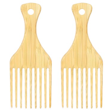 2 Pack Bamboo Comb Set for Afro Hair Bamboo Hair Pick Natural Anti-Static Picks Wide-Tooth Afro Lift Combs Long Tooth Detangling Combs for Men and Women Thick Curly Hair Styling