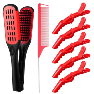 Honeydak Hair Straightening Brush, Boar Bristles, Double Side Style, with 5 Pieces Alligator Hair Clips, Pin Rat Tail Comb for Hair Styling (Red Comb)