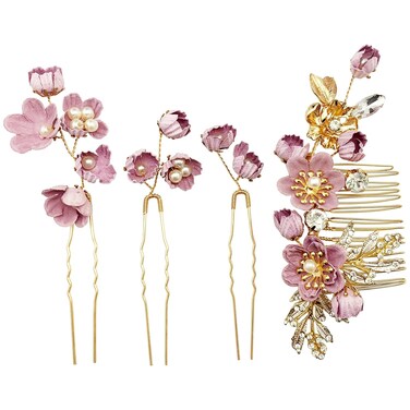 Pink Flower Hair Accessories Set 4pcs Bridal Floral Rhinestone Pearl Gold Leaf Vine Hair Combs Pins Pieces for Wedding Prom