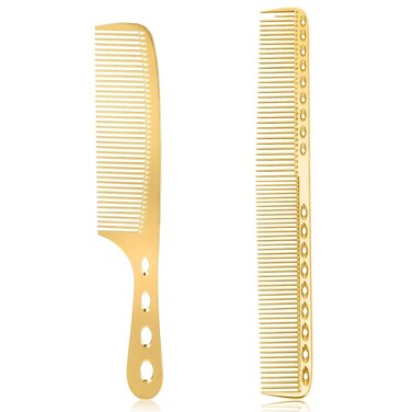 2 PCS Metal Hair Styling Comb Set Professional Barber Comb, Aluminum Cutting Comb Metal Comb for Men Fine Tooth Comb Detangling Comb Anti Static Metal Combs for Hair Women, Gold