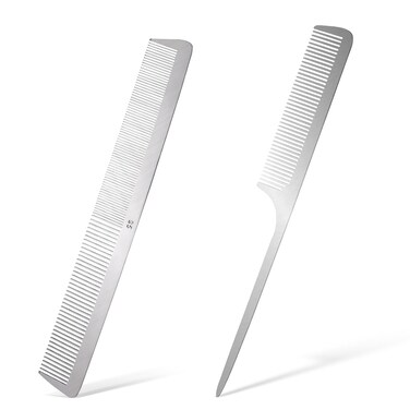 2 PCS Stainless Steel Hair Combs Metal Rat Tail Comb with Metal Pick Flat Top Barber Comb Teasing Pintail Comb Hair Styling Cutting Comb